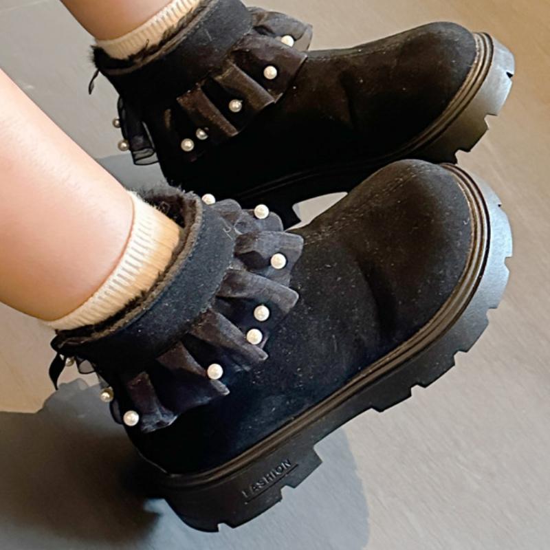 Girls Princess Cotton Boots Sweet Winter Children's Boots Elegant Lace Ruffled Edge Kids Fashion Causal Ankle Boots Versatile
