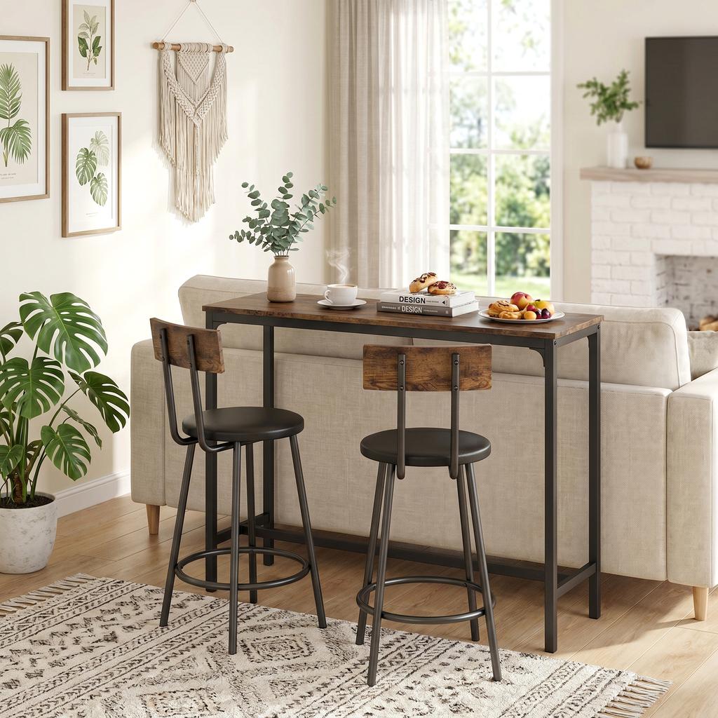 Bar Table Set with 2 Stools, High Kitchen Table, 2 PU-Padded Bar Stools, Footrest, Brown