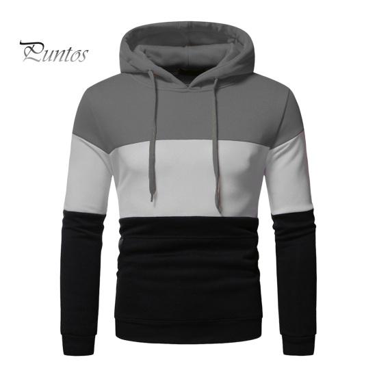 Men Fall Winter Hoodie Colorblock Drawstring Long Sleeves Big Pocket Hooded Retro Thin Loose School Daily Wear Casual Sport Top