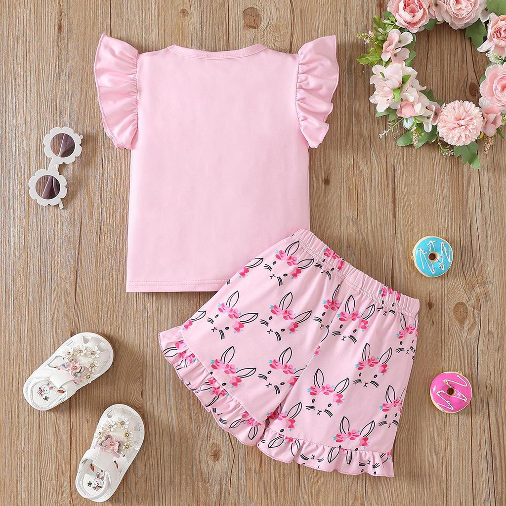 Girls' Easter Rabbit Puff Sleeve Summer Set with Cartoon Flowers
