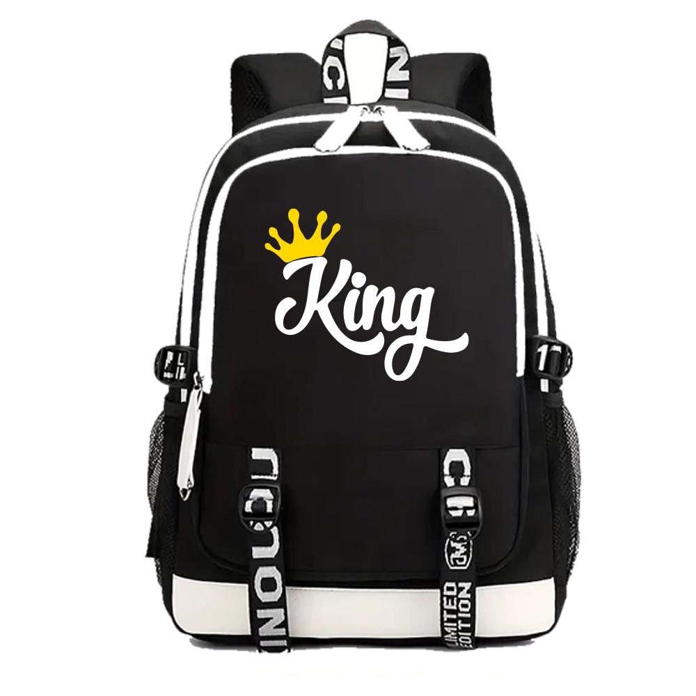 

King Queen Letter Print Backpack Women Girls Fashion Travel Adjustable Shoulder Backpacks Outdoor School Bag for Couple 15.6 inch