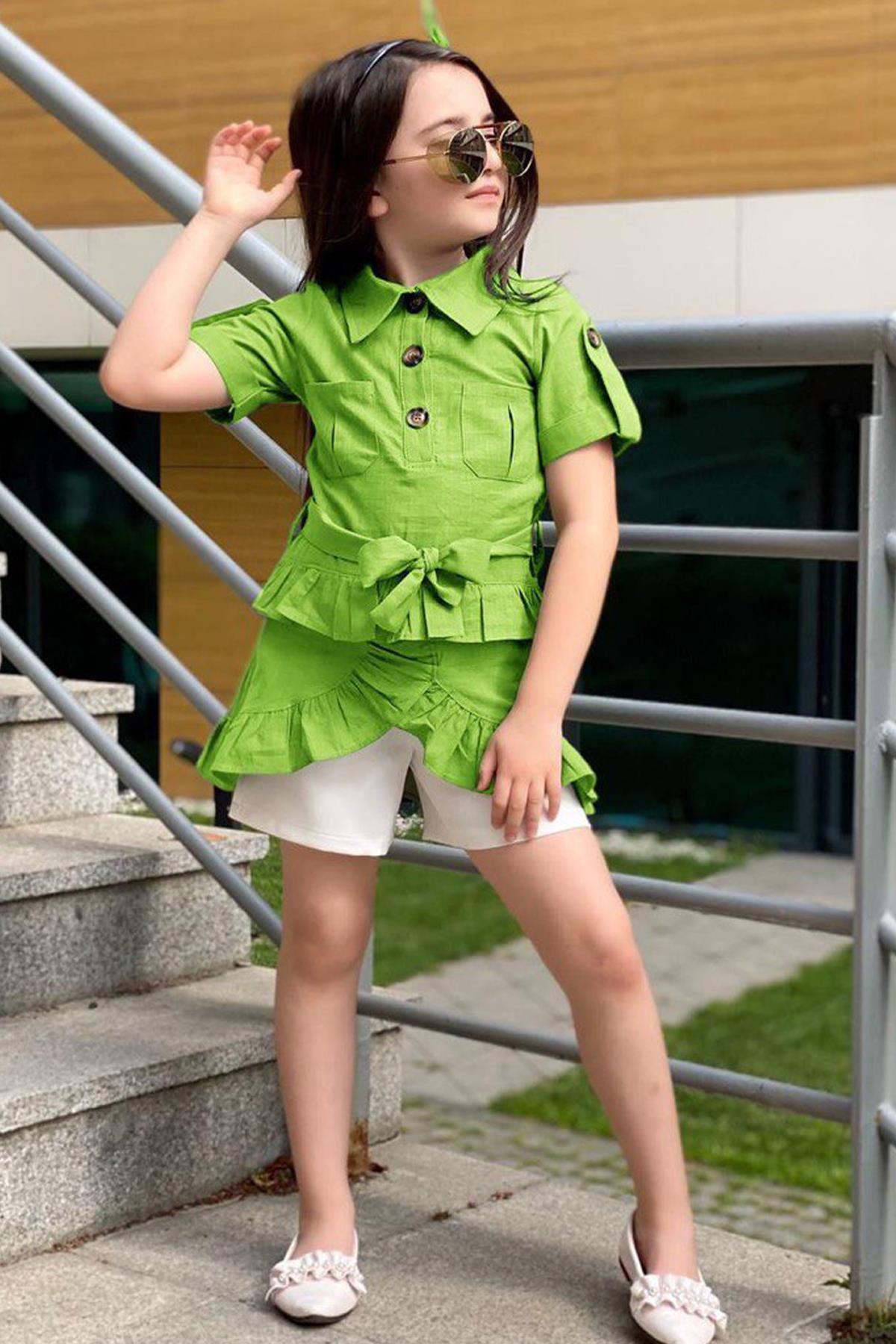 

Детальная юбка с завязками на талии для девочек Зеленая туника с оборками