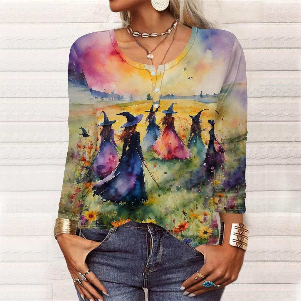 Langermede skjorter for kvinner Halloween-mønstret trykk grafisk t-skjorter bluser casual pluss størrelse basis topper genser