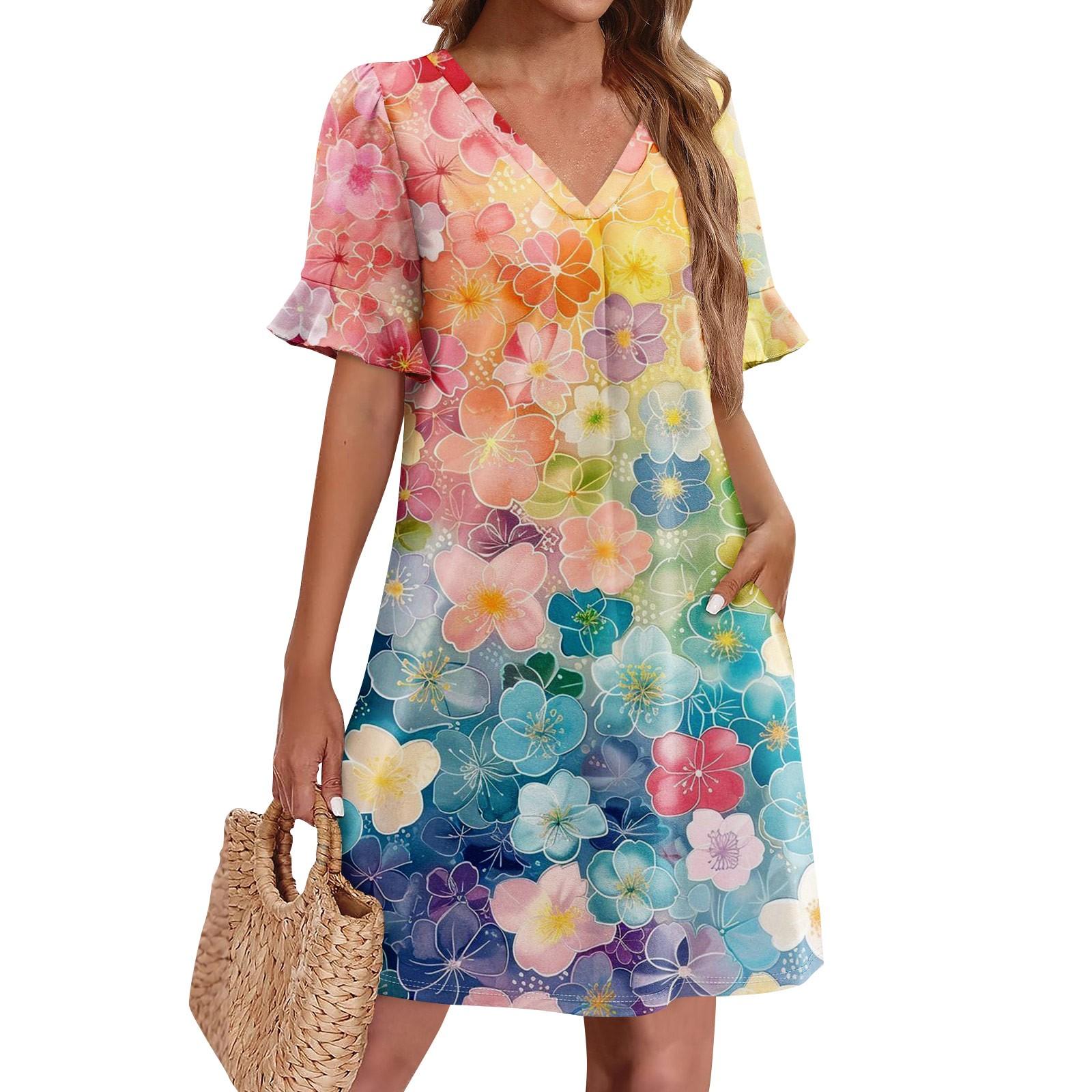

Summer Dresses For Women V Neck Ruffle Short Sleeve Casual Loose Printing Dress Beach Dress With Pockets XL рожевий