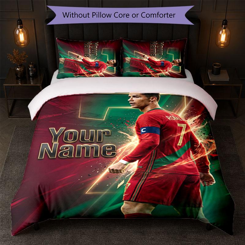 Set Biancheria da Letto Personalizzato Cristiano Ronaldo con Nome Testo 1 Copripiumino+2 Federe Logo Calcio Regalo Personalizzato per Occasione Speciale Arredamento Camera da Letto