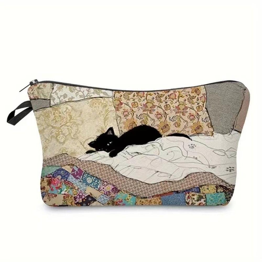Cute Black Cat Print Cosmetic Bag Large Capacity Polyester Makeup Organizer Portable with Zipper Tarvel Storage Bag