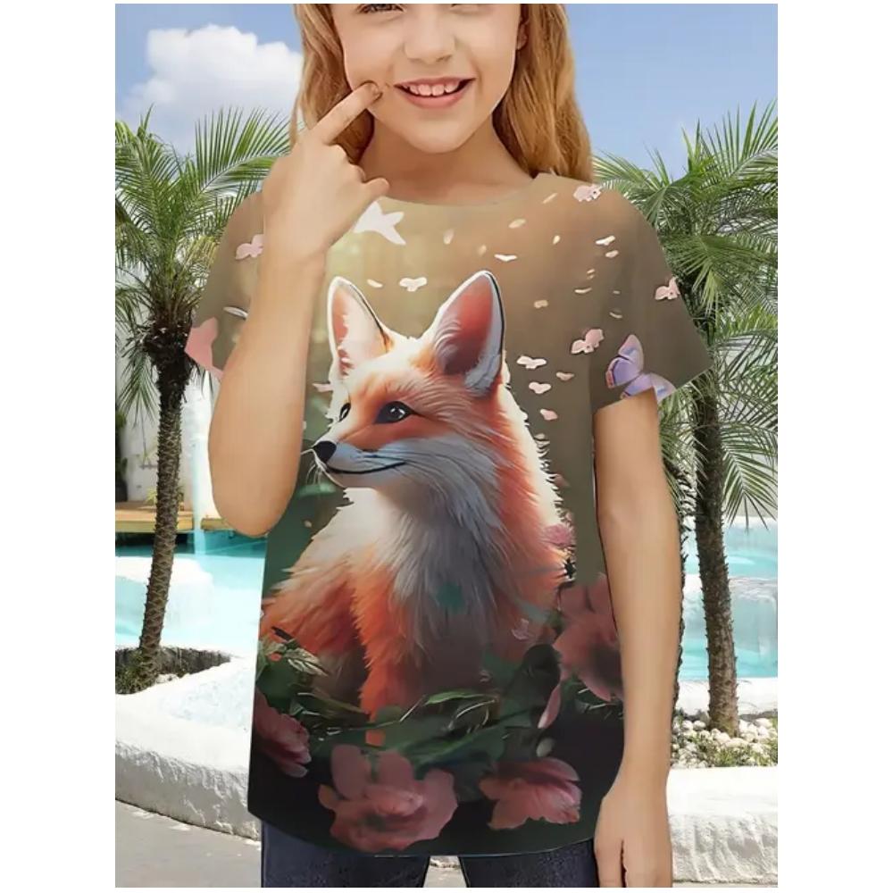 Children's and girls' clothing 3D printed, fashionable and cute animal round neck T-shirt, girls' summer fashion short sleeved top, girls' T-shirt