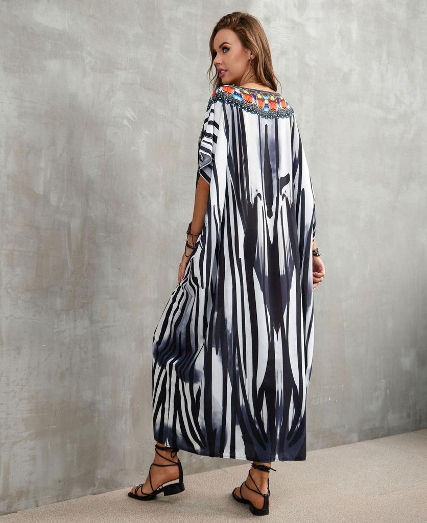 Indigo Floral Beach Robe: Loose Seaside Holiday Sunscreen Dress & Bikini Cover-up