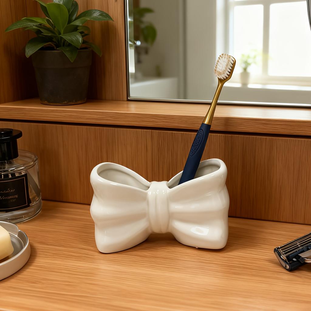 1PC Creative Ceramic Cute Bow Electric Toothbrush Holder Bathroom Wash Table Decorative Toothpaste Toothbrush Storage Ornament