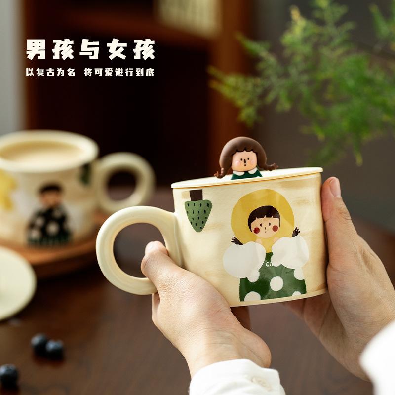 Retro Boy And Girl Couple Water Cup Ceramic Cup With Lid Pair Couple Breakfast Cup Coffee Cup