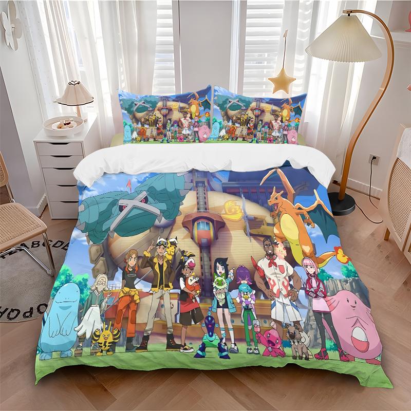 Pokmon Anime Adventure Printed 3pcs Bedding Set Soft Microfiber 1 Duvet Cover And 2 Pillowcases Home Bedroom Decor Xmas Gift Q1137