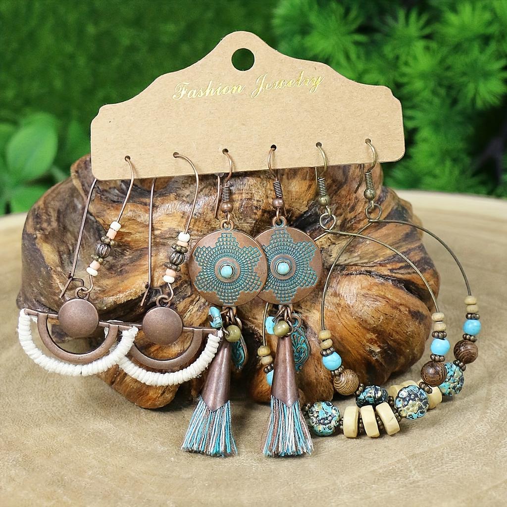 Boho Women Earrings Set Multi Pieces Set Vintage Style Geometric Shape Beads Flowing Tassel Design Party Decor