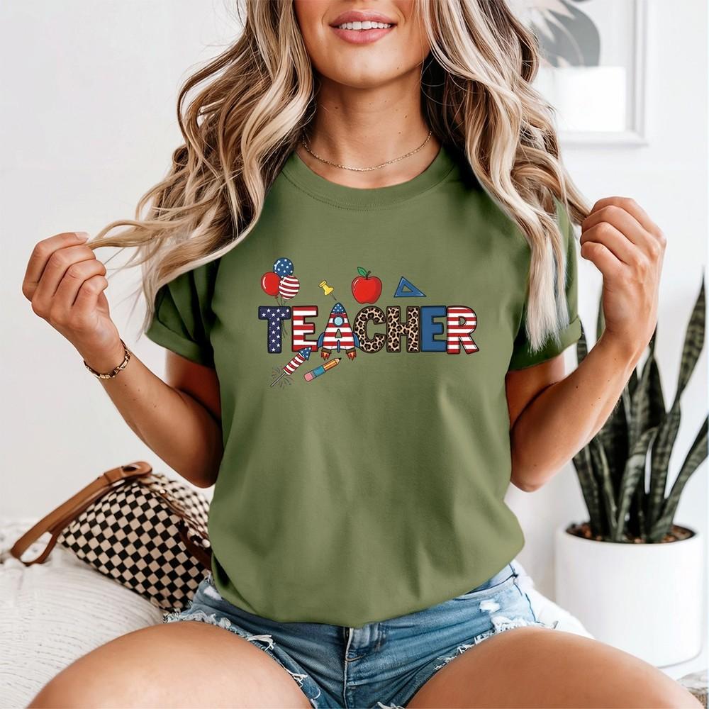 Patriotic Teacher Unisexs Tshirt Usa Crayon Leopard 4th Of July Red White Blue