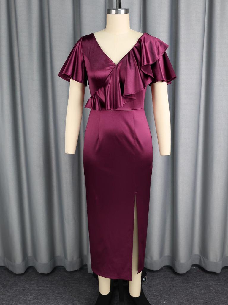 Plus Size Wine Red V-Neck Ruffle Bodycon Evening Gown
