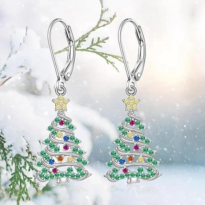 Cercei lungi Huitan cu brad de Crăciun pentru femei, incrustați cu zirconiu cubic strălucitor în mai multe culori, pentru accesorii de petrecere, bijuterii fermecătoare