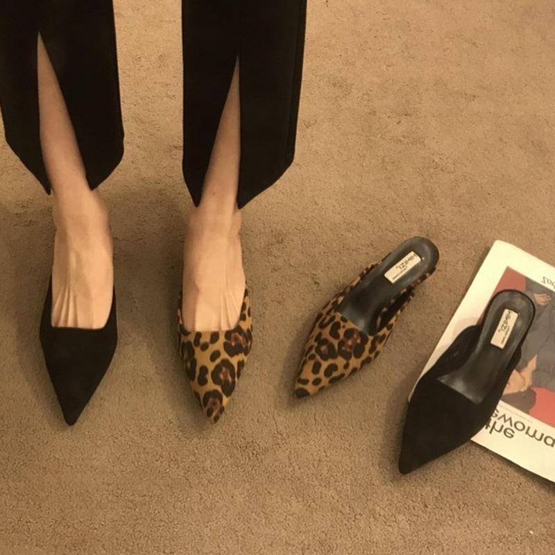 Fashion Pointed Toe Leopard Slippers Women Low Kitten Heel Flock Summer Slides Shoes Sexy Leopard Sandals Slingback Pumps Slippers Women