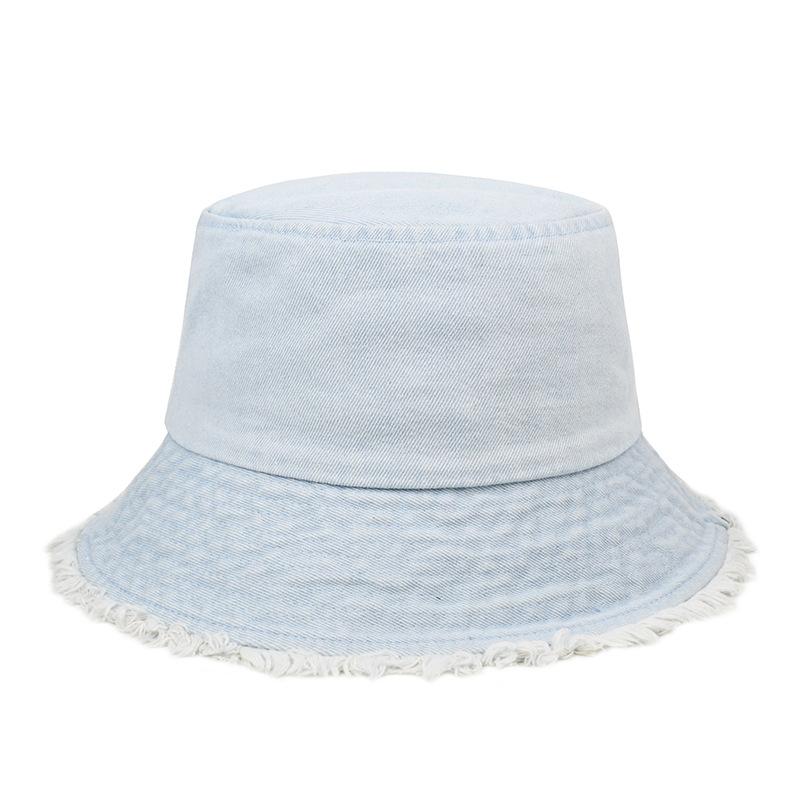 Džínový klobouk typu bucket hat pro ženy, retro s odřenými a surovými okraji, novinka na jaro a léto, snadno kombinovatelný pro ochranu před sluncem