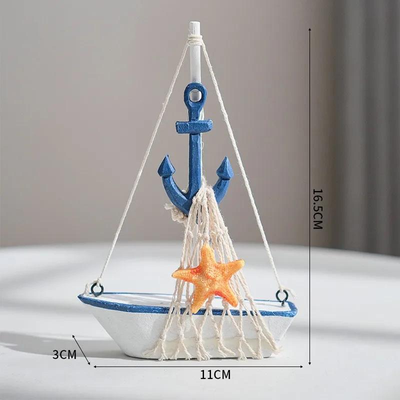 1pc Mini Mediterranean Nautical Wooden Blue Sailing Boat Wood Craft Ornament for Home & Party Decoration