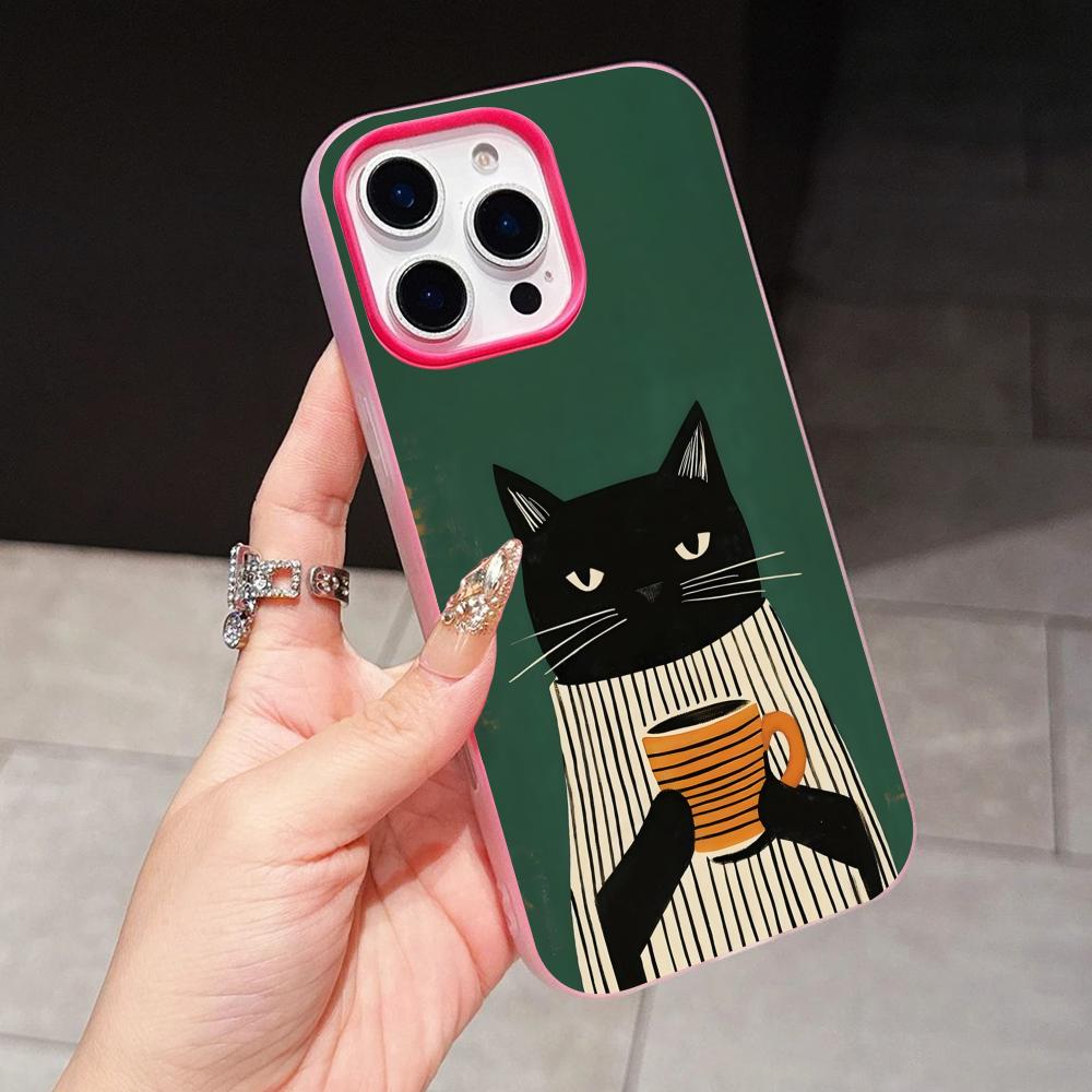 Cute Coffee Cat Jelly Double layer Rose Red Mobile Phone Case for iPhone 17 16 15 14 13 12 11 Air Pro Max Plus Protective