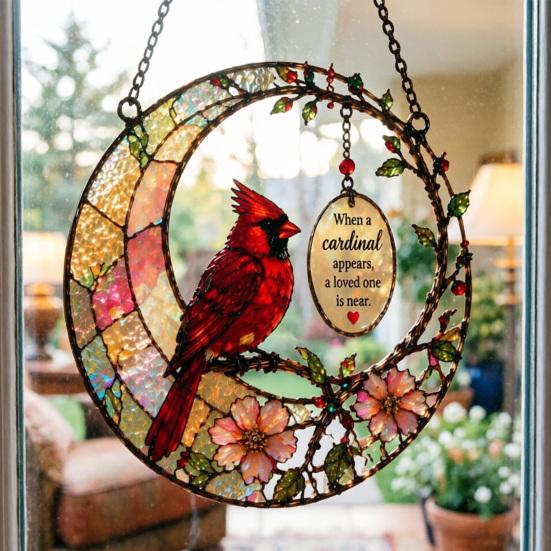 Red Bird Memorial Suncatcher Stained Glass Style Bird on Branch Window Hanging Decor Gift for Loss of Loved