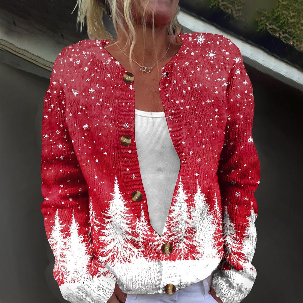 Damemote juletrykt langermet strikket cardigan-jakke med knapp