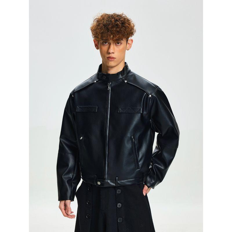 Cabbage Coke American Harrington Stand-Up Collar Biker Leather Jacket Down Coat 90% White Duck Down Lychee Pattern Leather Jacket