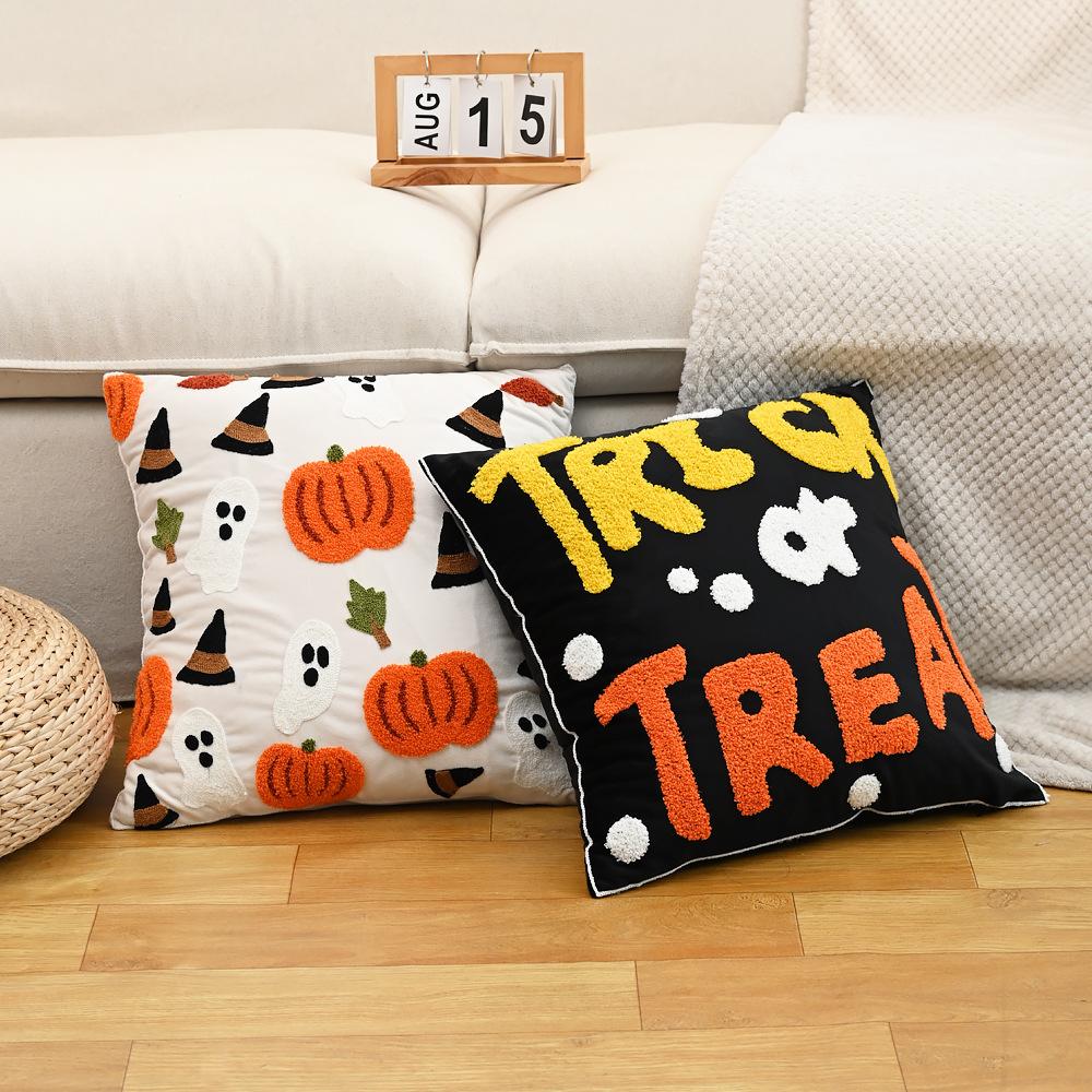 45x45cm Halloween Embroidered Cushion Cover Pumpkin Pillowcase Home Holiday Decor Flock Pillowcases Decorative Pillows for Sofa