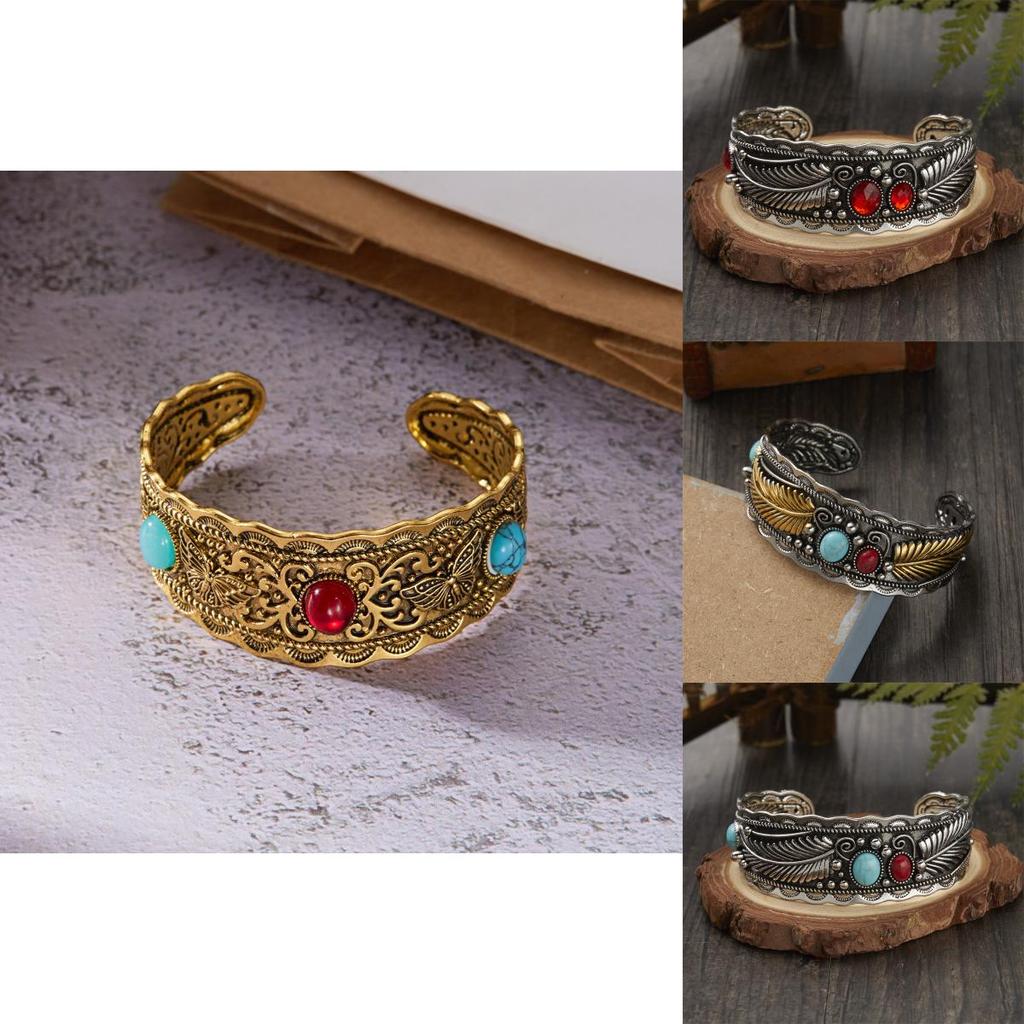 Style Oval Turquoise Bracelet With Vintage Two Tone Leaf Design For Women