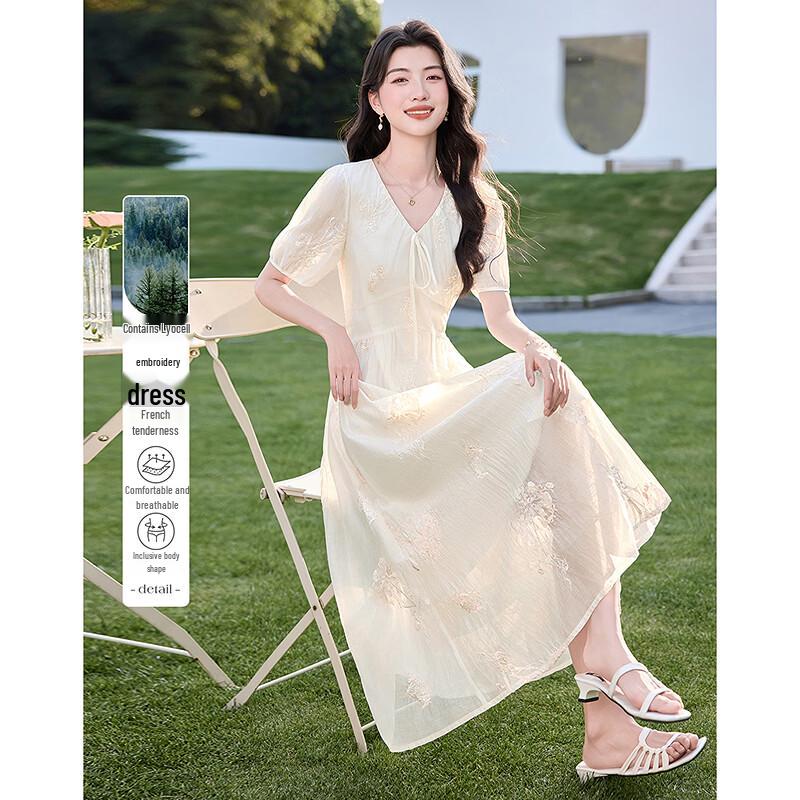 Fleeting Time Embroidered Short-Sleeve Midi Dress S