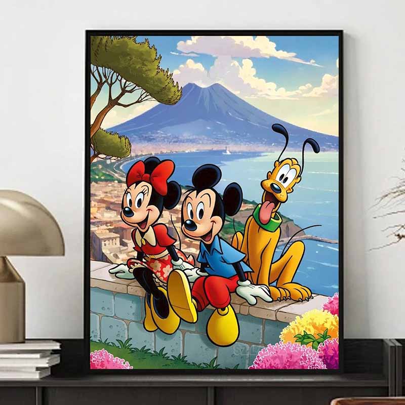 Disney Diamond Painting Mickey Minnie and Pluto Naples Travel Illustration Wall Decoration Full Diamond Cross stitch DIY Gift, Home Decoration