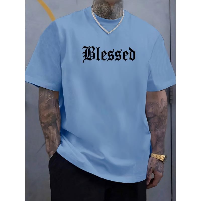 Men's Summer Fashionable Casual Loose Blessed Letter Pattern Printed Sports Round Neck Short Sleeved T-shirt