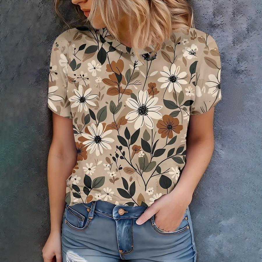 Tricou de damă cu imprimeu floral în stil artistic, stil casual de vară, modă, gât rotund, mânecă scurtă