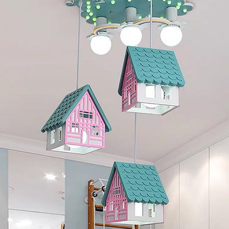 Детская деревянная домик 3-ламповая потолочная подвесная лампа