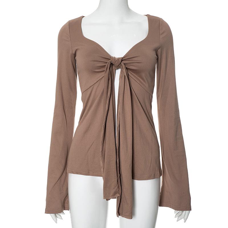 

YYFS женские модные повседневные весенне-осенние однотонные блузки и рубашки с длинным рукавом и v-образным вырезом с принтом L кофейный