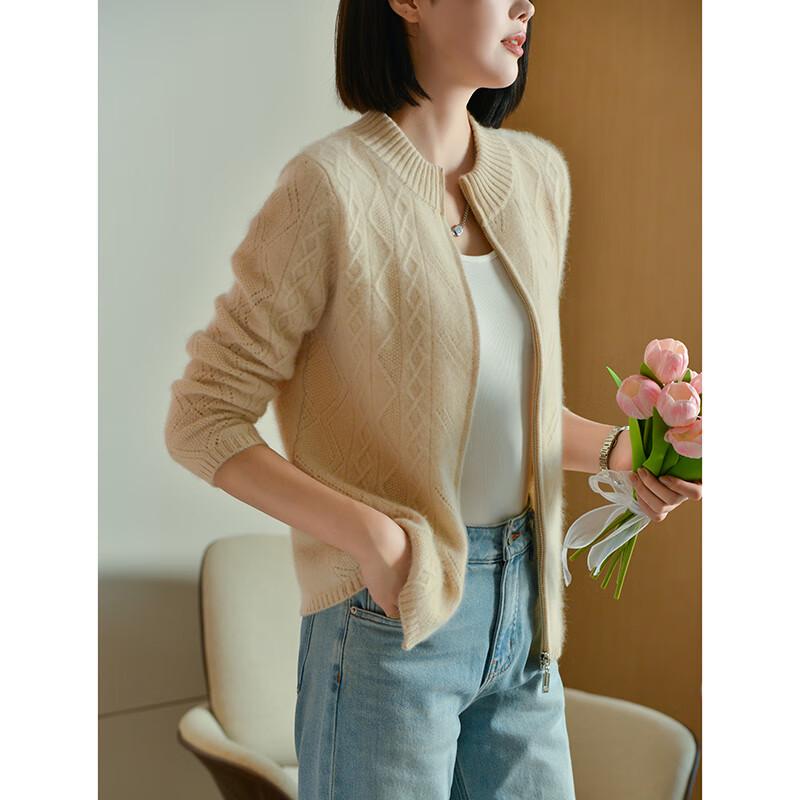 Fanzhen Women's 100% Wool Thick Knit Stand Collar Cardigan