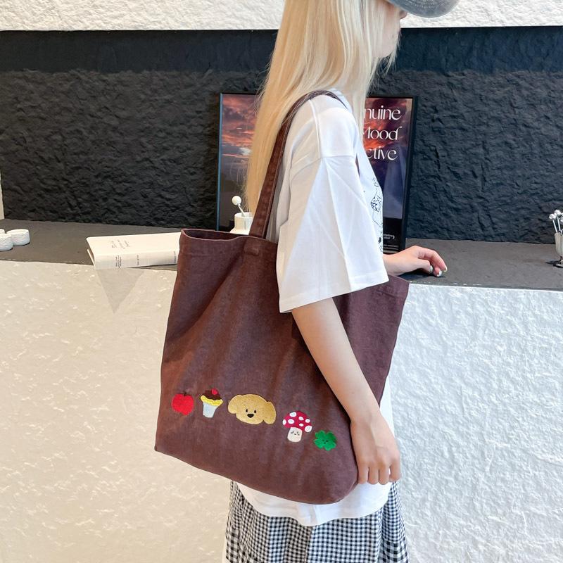 Korean Version Washed Denim Shoulder Bag Casual Cute Embroidered Puppy Tote Bag Large Capacity Student Retro Commuter Bag