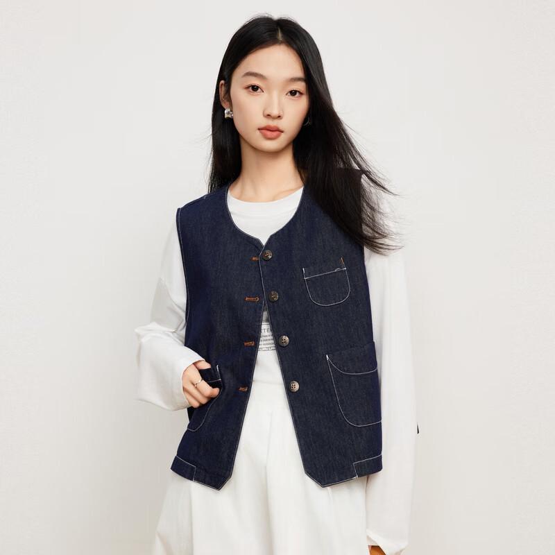 Elva's Island Women's Simple Round Neck Denim Vest