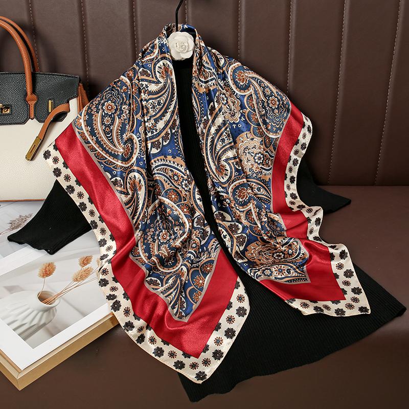 Paisley-Print 90er Quadratischer Schal Satinseide Muslimische Frau Hijab Schals Damenmode Elegante Wickeltücher Islamisches Turban-Bandana 90*90cm