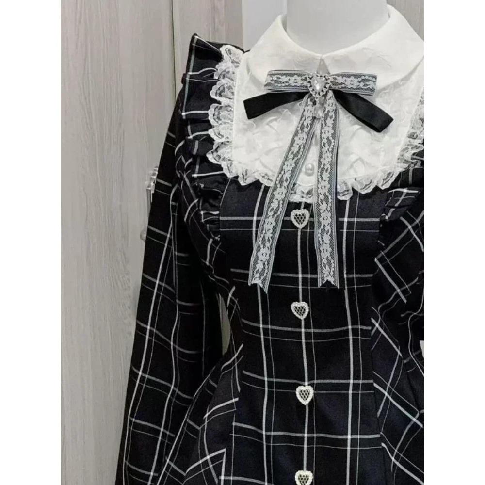 Japanese Fairy Sweet Lace Patchwork Plaid Dress Women Kawaii Grunge Ruffled Long Sleeve Dresses Y2k Aesthetic JK Lolita Vestidos