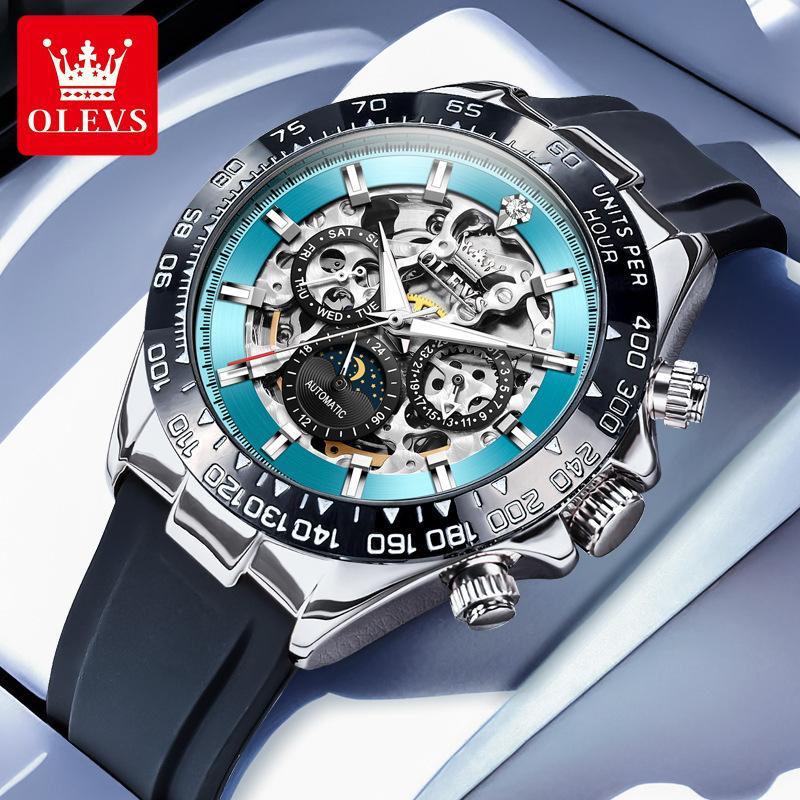 OLEVS 6713 New Automatic Mechanical Men's Watch Silicone Band Luminous Calendar Week Hollow Out 30M Waterproof Business Watches