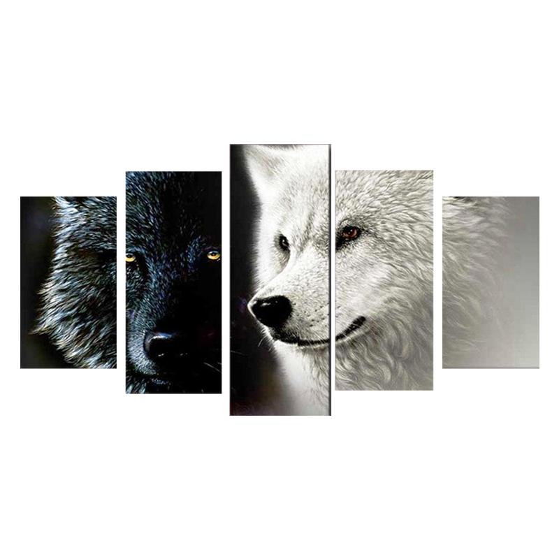 HAOSHUNDA HD Printed 5 Piece Canvas Art Abstract Black White Wolf Couple Painting Wall Pictures for Living Room