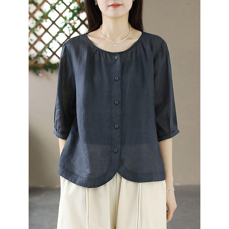 Hem künstlerisch Fünf-Viertel-Ärmel Sommer Temperament Locker Schlankmachend Lässig Rundhals-Hemd Einreihig Einfarbig