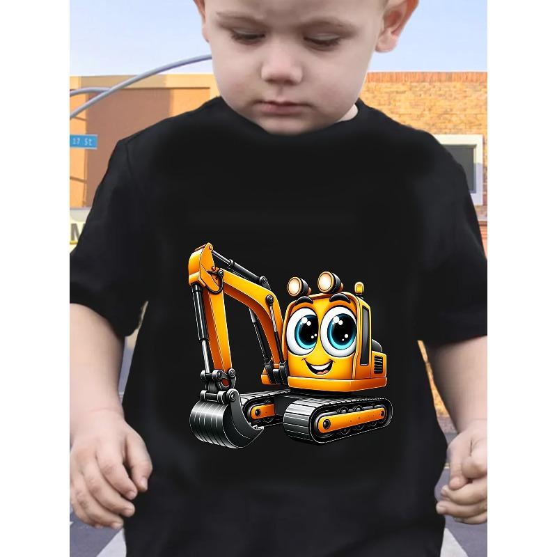 European sizes Spring Summer Children Boys Anime Excavator T-Shirt Cute Round Neck Patchwork Short Sleeve Top Boy Casual Home Wear Back to School Gift