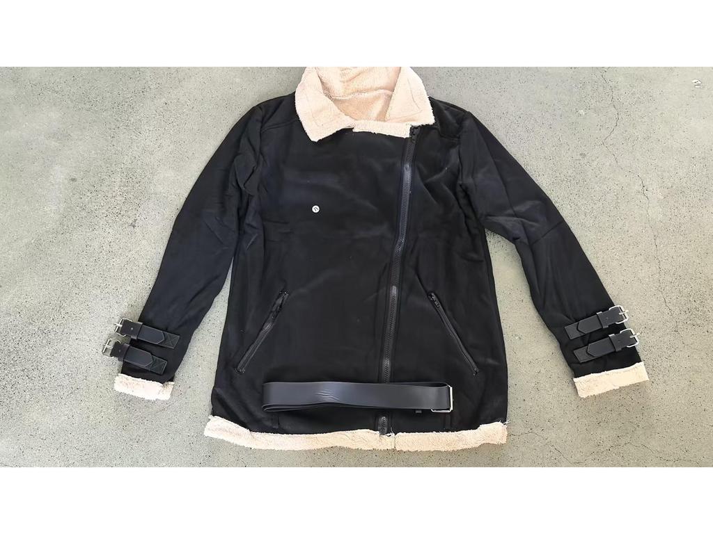 Damen Motorradjacke aus Hirschleder und Lammwolle - Umlegekragen, Baumwollwattiert, Mit Fell gefüttert, Grau/Schwarz/Ziegelrot