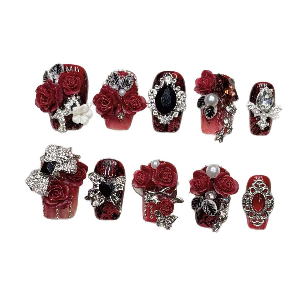 Red Gothic Almond Short Handmade Diamond Nail Set