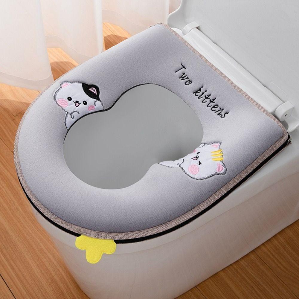 Washable Thickened Toilet Seat Cover Zipper Closure Cartoon Pattern Toilet Mat Cushion Removable Potty Cover Case Autumn Winter