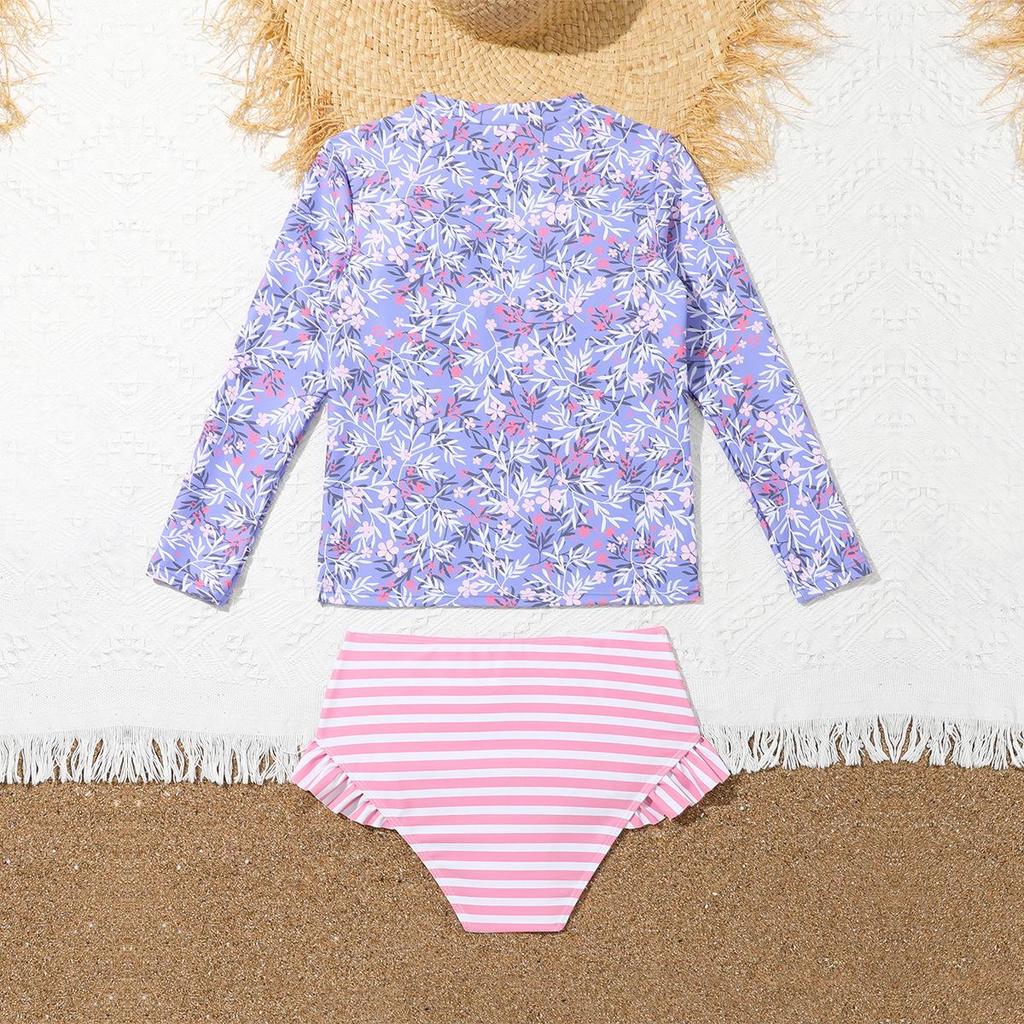 Girls' Long Sleeve Striped 2-Piece Swimsuit - 2025 New Style