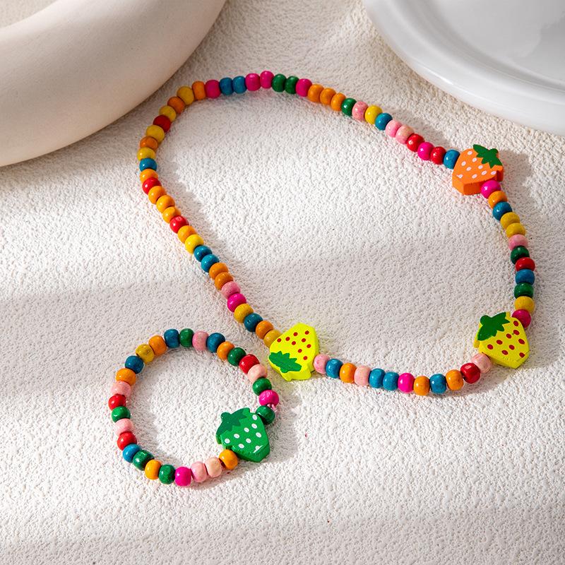 Детский набор: ожерелье и браслет из цветных деревянных бусин, деревянный цветок, божья коровка