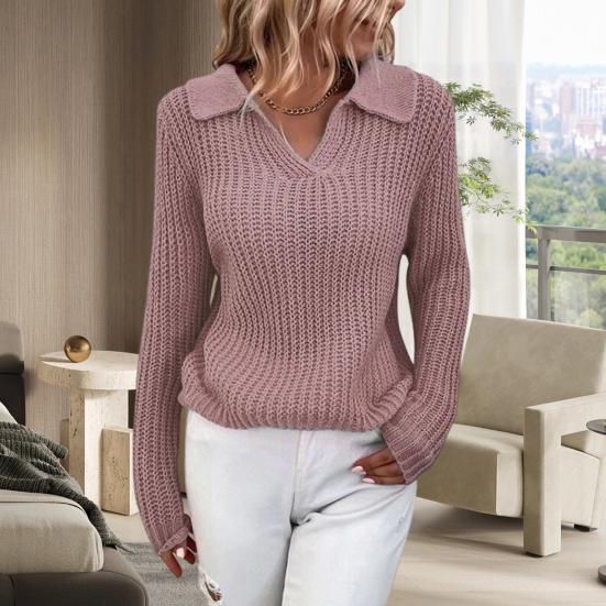 Maglione lavorato a maglia a maniche lunghe con scollo a V e colletto rovesciato Autunno inverno maglione sottile tinta unita maglione abbigliamento femminile