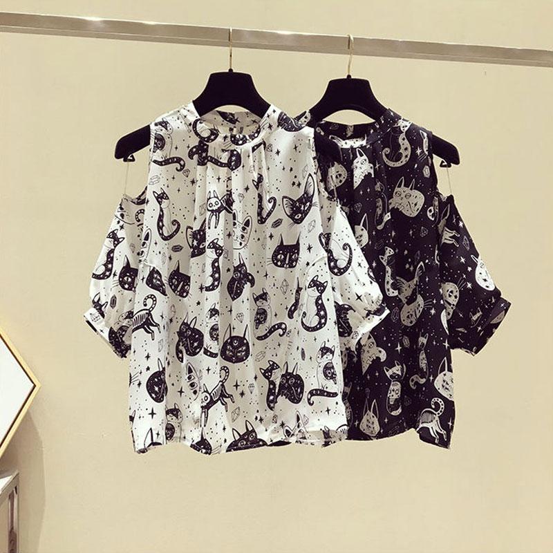 Fashion Hand-Painted Cat Printed Shirt Women's Clothing Elegant Off Shoulder Stand Collar Summer Korean Commute Loose Blouse New